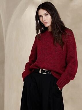 Banana Republic Mona Oversized Wool-Cotton Sweater Winterberry Red Large Cozy